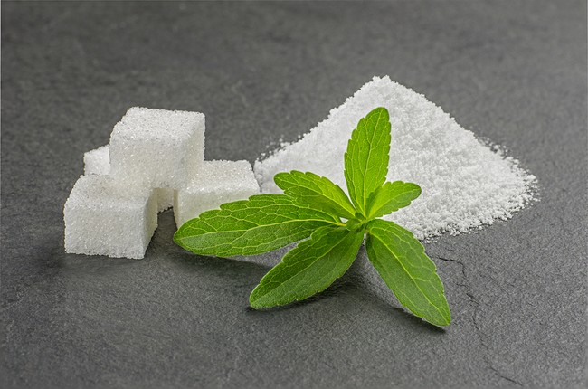 Stevia leaves with stevia powder and sugar cubes on a slate plat