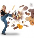 Diet Woman Kicking Donut Snacks on White