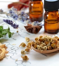 herbs and essential oils on science sheet
