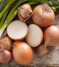 Assorted Farm Fresh Onions On A Rustic Table