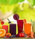 Fresh juice mix fruit, healthy drinks on wooden table.