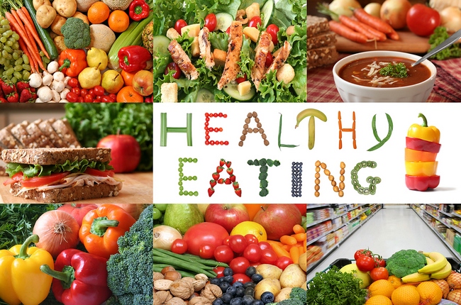Healthy eating collage. Lots of fruits and vegetables, nuts and