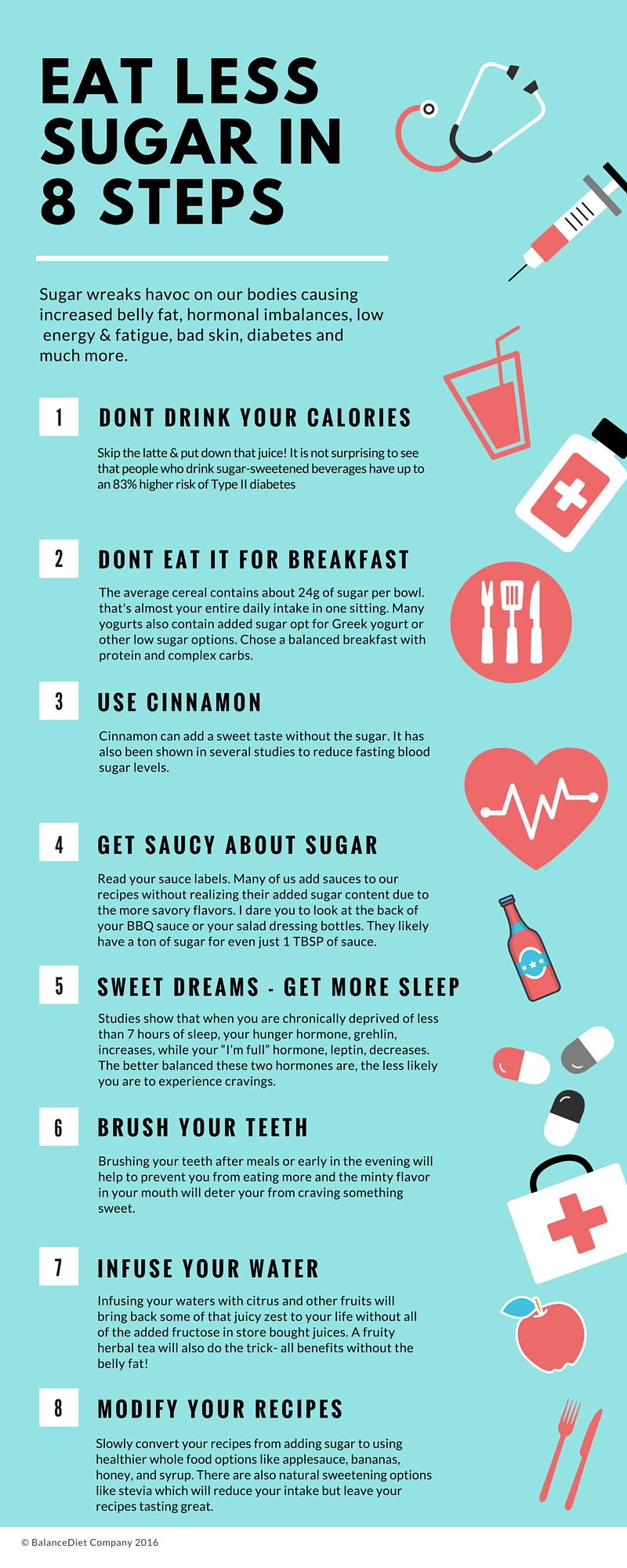 Use These 8 Tips To Effectively Cut Down Your Sugar Intake Infographic