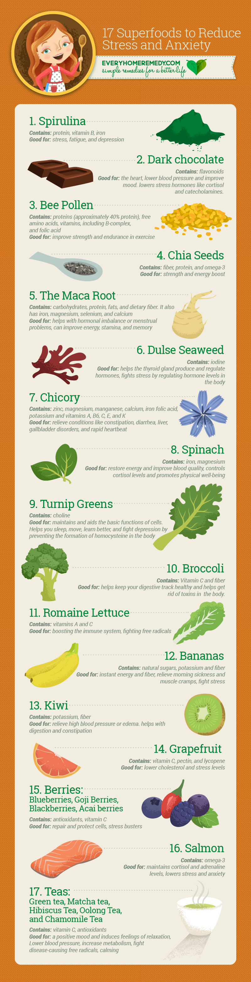 17 Superfoods For Relieving Stress And Lifting Your Mood Infographic