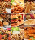 Collage of pub food including cheese burgers, wings, nachos, fries, pizza, ribs, deep fried prawns and calamari.